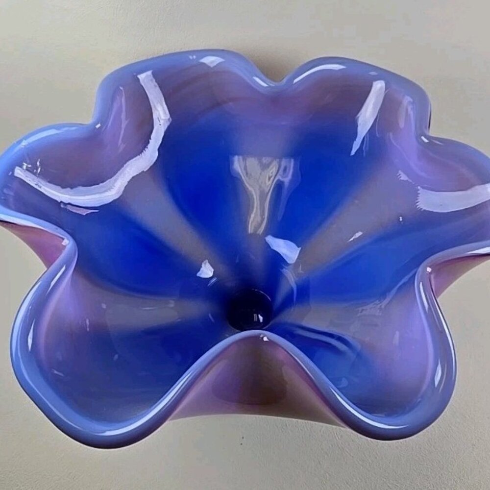 Art Glass Pedestal Footed Blue Purple Large Bowl Center Piece MCM Murano Style